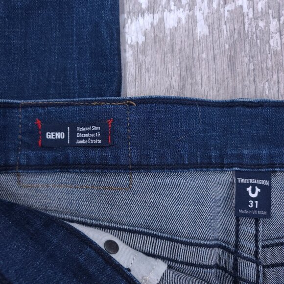 True Religion Jeans Mens 31x34 Blue Geno Relaxed Slim Fit Flap Denim Mid Rise - Picture 8 of 10